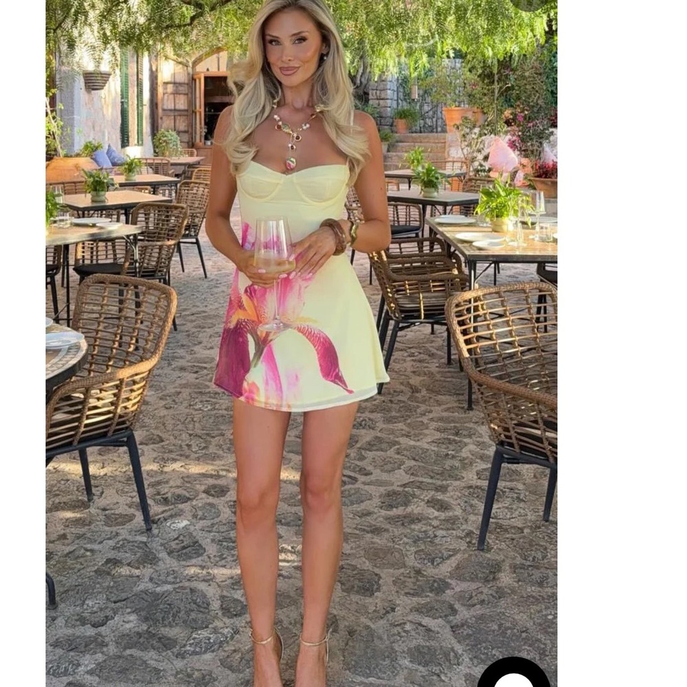 White Fox Boutique Yellow Mini Dress with Pink Floral Print